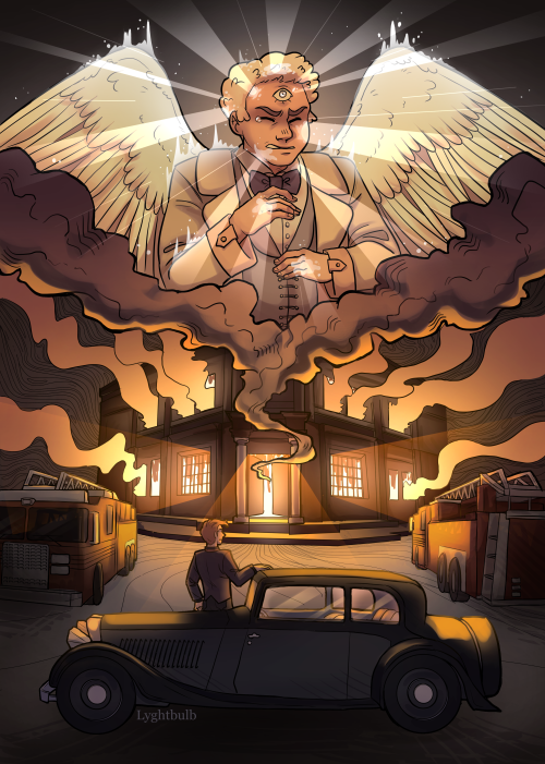 my piece for the good omens bohemian zine!the framing/composition is based off the Judgement tarot c