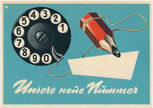 When phones had dials equipped with a pencil stump: advertising card, Our new number, 1950s. Austria