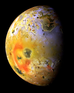 infinity-imagined:  Io is the first Galilean moon of Jupiter, it is slightly larger than Earth’s moon.  Io experiences intense tidal heating due to its elliptical orbit and orbital resonance with Europa and Ganymede.  This makes Io the most geologically