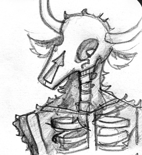 The same creature once again, now looking a bit angry. He is once again not wearing clothing, and we can see his bones covered with transparent fur.