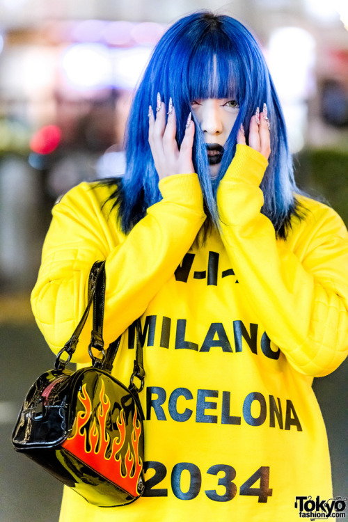 Shoushi on the street in Harajuku wearing a yellow WIA setup with a Diminish choker, Current Mood ha