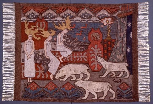 olosta:design by  Gerhard Munthe, The Daughters of the Northern Lights or The Suitors, tapestry 1895