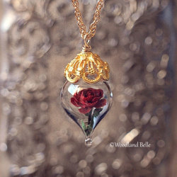 culturenlifestyle:  Enchanted Beauty &amp; the Beast inspired Enchanted Rose Glass Vial Terrarium Necklaces North Carolina-based boutique Woodland Belle blends a rustic sensibility with a fairy-tale inspired theme into their contemporary jewelry. Inspired