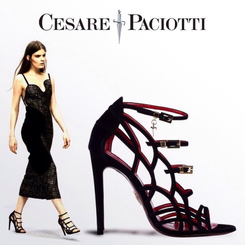 Black heels, repost from @cesarepaciotti As seen in Grazia. #cesarepaciotti #SS15 #blacksuede #black