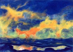 dappledwithshadow:  Autumn Sky at SeaEmil Nolde circa 1940  Private collection	Painting - watercolor Height: 36.2 cm (14.25 in.), Width: 50.5 cm (19.88 in.)  