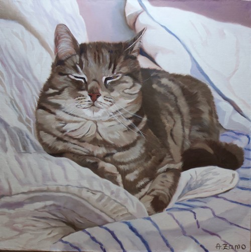 On the cushions   -    Anne Zamo, 2018French, b.1967-Oilon canvas, 40 x 40 cm.