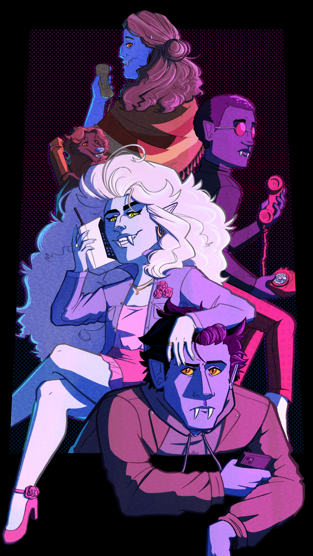 redraw of this piece from march last year
the most obnoxious group call imaginable, now with 80% more bisexual lighting