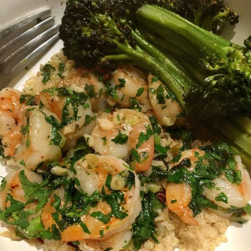 Shrimp Scampi over Quinoa and Broccolini. Wednesday night w/ @natdjones1969 #myturntocook #sweethear