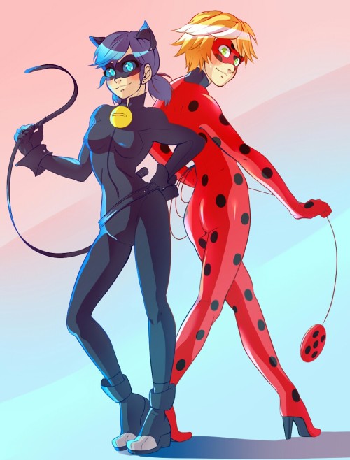 laptiteyaoiste:  Reverse LadyBug and Chat Noir…  ( • ▽ • )… … Look at this butt xDD 