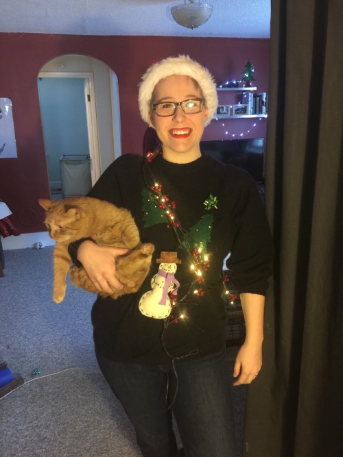 Christmas Eve caturday feat. My DIY ugly Christmas sweater and my dork of a cat who won’t look