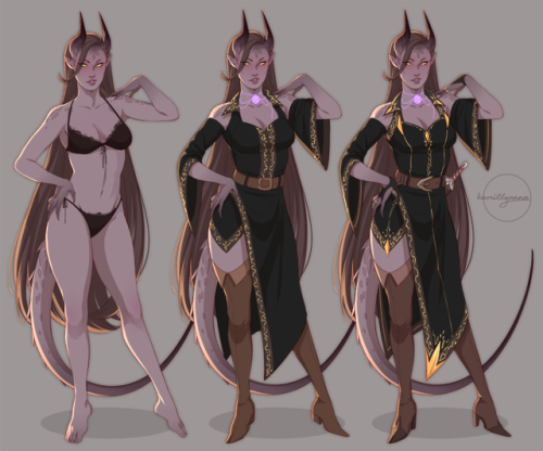 my tiefling ravenna, her main outfit, and the outfit at a higher level ✨Do NOT repost / use / copy
