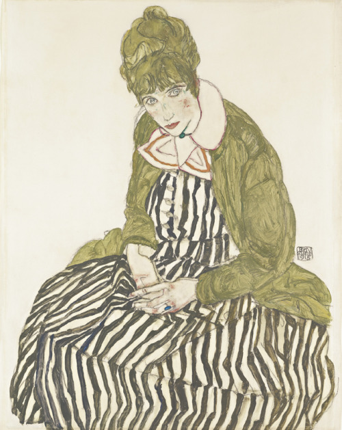 Egon Schiele, Portrait of Edith Schiele in a striped dress, sitting, 1915. © Leopold Museum