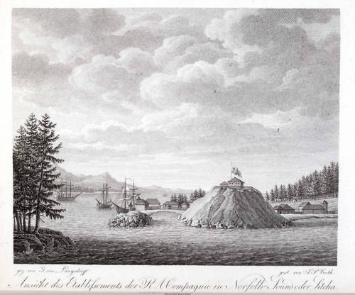 Drawing of establishment of the Russian-American Company at Sitka Sound (Alaska, 1805).
