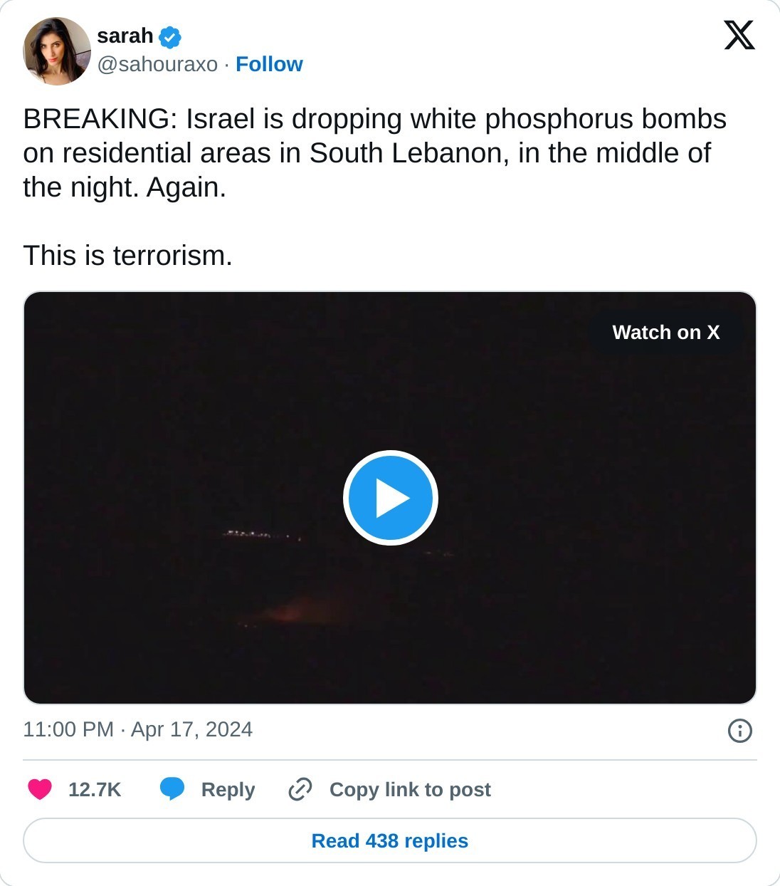 BREAKING: Israel is dropping white phosphorus bombs on residential areas in South Lebanon, in the middle of the night. Again.  This is terrorism. pic.twitter.com/CoIx5DHBrY  — sarah (@sahouraxo) April 17, 2024