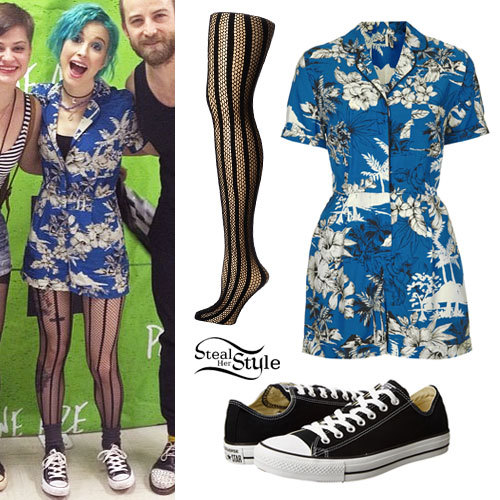 Hayley Williams posed with a fan at Monumentour in Saratoga Springs, NY last night wearing a Topshop Palm Print Playsuit ($116.00, petite only), a pair of black Converse Chuck Taylor All Star Core Ox Sneakers ($50.00), and tights similar to the...