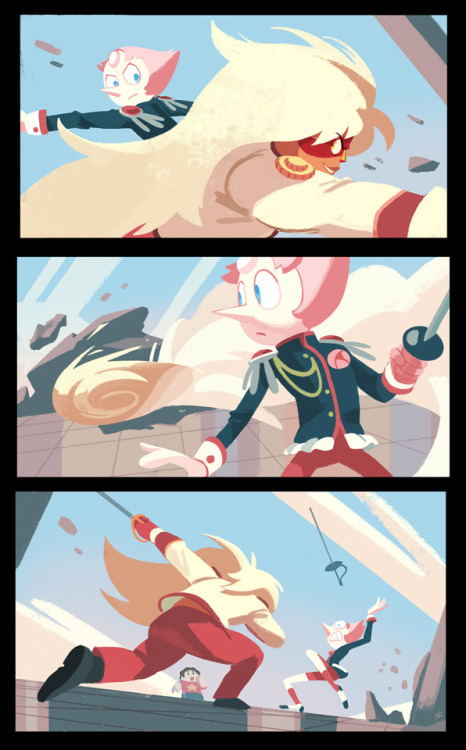 loopy-lupe:  I redrew a couple utena fight scenes with pearl and jasper for fun but I got so excited with it that I fleshed it out into a bigger sequence! (i think it’s about half utena, half my shots. i especially had to do the flower stab scene) I