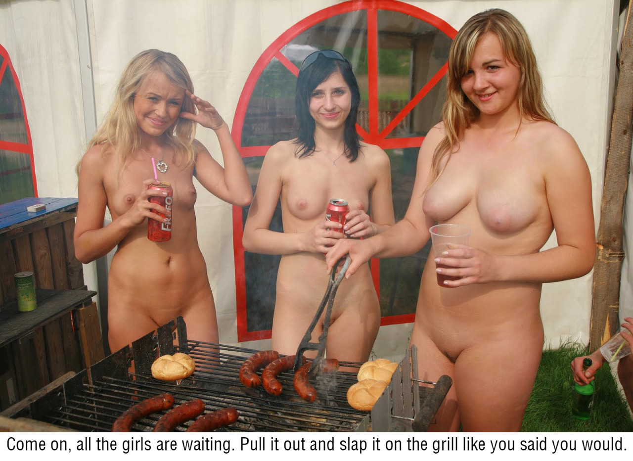 Girl group of nude women in public