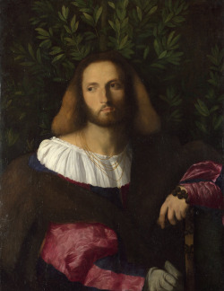 Palma Vecchio (Italian: Jacopo Palma il Vecchio, circa 1480-1528), Portrait of a Poet, circa 1516; oil on canvas transferred from wood, 83 x 63 cm; National Gallery, London“The painting has been supposed to represent a poet because the figure holds