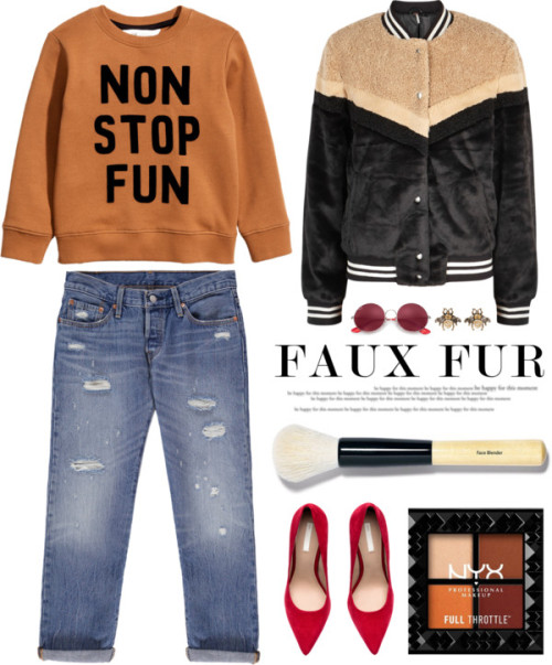 Non stop faux fur fun by yoa316 featuring levi jeans ❤ liked on PolyvoreH M orange long sleeve shirt