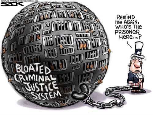 cartoonpolitics:It’s a bitter irony that the self-styled ‘Land of the Free’ locks up more of it’s ow