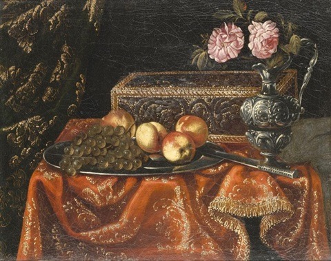 Follower of Antonio Gianlisi (1677–1727)A still life with grapes and peaches on a pewter plate