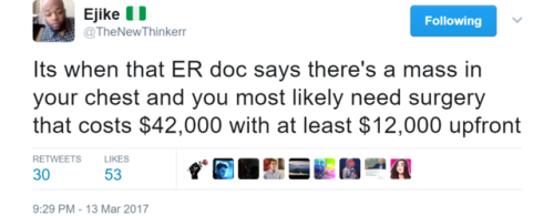 nothing-human-is-alien-to-me: berniesrevolution:  “Of all the forms of inequality, injustice in health care is the most shocking and inhumane.” - Martin Luther King Jr.  I’m a nurse in a large city hospital. A couple of weeks ago I watched a 47-year-old