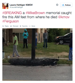 nowyoukno:  socialjusticekoolaid:  (9.23.14) — Another morning in Amerikkka. Somebody thought it would be fun to desecrate the Mike Brown Memorial early this morning. I… I really can’t even. #staywoke #farfromover   Here’s a picture of some cops