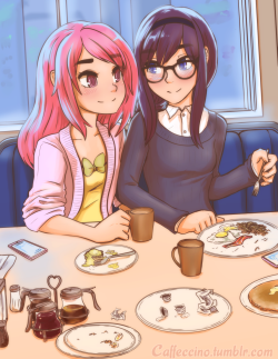 caffeccino:  Madohomu breakfast A couple of cute hipsters having a semi-romantic morning outing u v u  Nothing like good breakfast * v * even if all diner coffee tastes like dirt and ash water~  Madoka and Homura don’t say much… they’re still