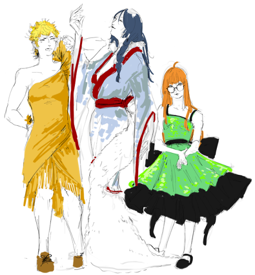 marudyne:  Let’s Go Girls.(Dresses from here - some were modified, but others (like akechi’s) was kept as is)All this because I wanted to draw Makoto in a suit.I really like how Haru came out.