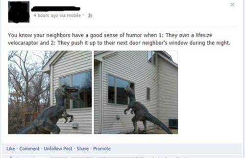 notnumbersix:  lettingthewaterholdmedown: notnumbersix:   lorinza: @notnumbersix this was you wasn’t it How did you know??????   Wait - where does one obtain a life-sized velociraptor? I need one!  That was my first thought, too. I’ve been looking