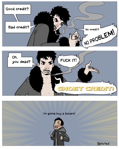 batwynn: Ben’s gonna buy a Subaru . (Description: panel one is Klaus in fur jacket saying