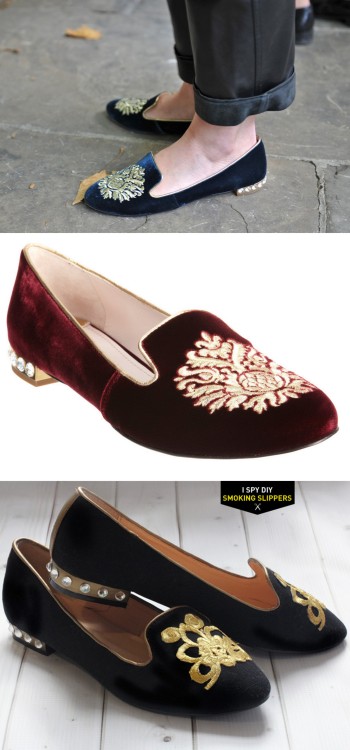 DIY Easy Miu Miu Inspired Crest Embellished Smoking Slippers Tutorial from I Spy DIY here. Top 