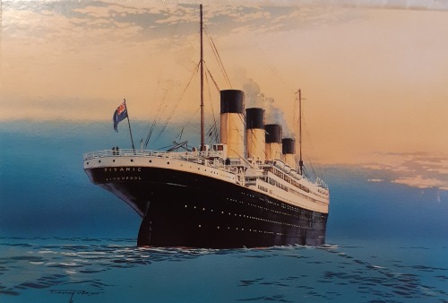 electricnik:Found this postcard of the Titanic sailing into the sunset, artwork by Timothy O’ Brian.