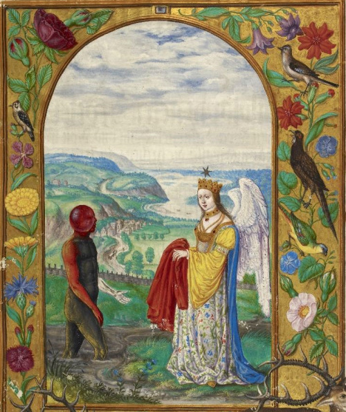 signorformica:Miniature of a winged queen offering a crimson robe to a helmeted black man who emerge