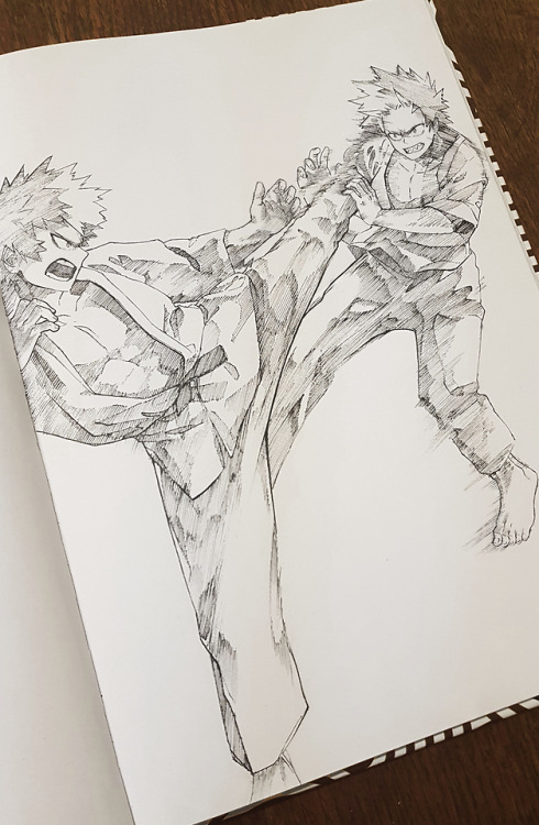 Inktober Day 27, Katsuki Bakugou and his manly bro, Kirishima Eijiro, sparring Kyokushin (karate). 