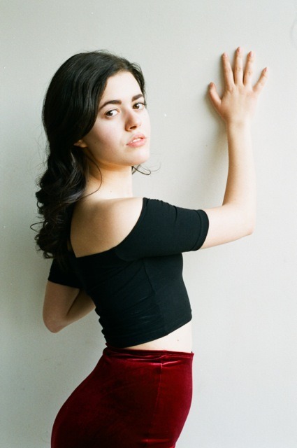 americanapparel:  Paula wearing the Cotton Spandex Off-Shoulder Top, Velvet Pencil Skirt, and Sheer Luxe Backseam Stocking.  this is a super-cute outfit