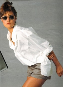 ladiesoffthepages:Chemise Versions, ELLE France 24th June 1985Photo Marc Hispard Model Yasmin Le Bon