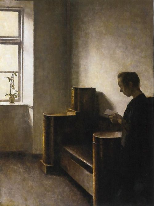 Interior with the artist&rsquo;s wife     -    Vilhelm Hammershøi  n/d.Danish  1864-1916Oil on canva