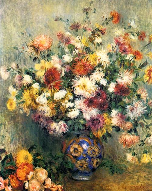artist-renoir:Vase of Chrysanthemums, 1882, Pierre-Auguste RenoirMedium: oil,canvas