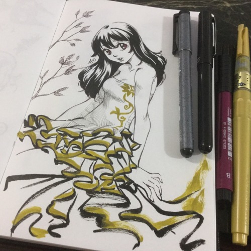 I ran out of time when I got to the dress. Don’t quite like the gold brush pen yet.