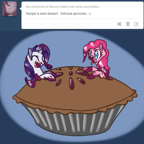 ask-rarity-and-pinkie:  If this post gets 200 notes, Rarity and I will post a gif of us licking pie filling off of eachother <3 ~Pinkie  X3!