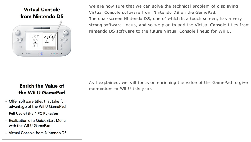 DS Virtual Console coming to Wii U ⊟ Coming out of tonight’s investor meeting (it was strange – like, Iwatacare strange – here’s a summary), Nintendo president Satoru Iwata revealed that the company has overcome whatever “technical hurdles” was...