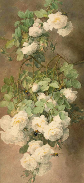 antoniettabrandeisova:White Roses and Bumblebees c.1900. Paul de Longpré via  Plum leaves