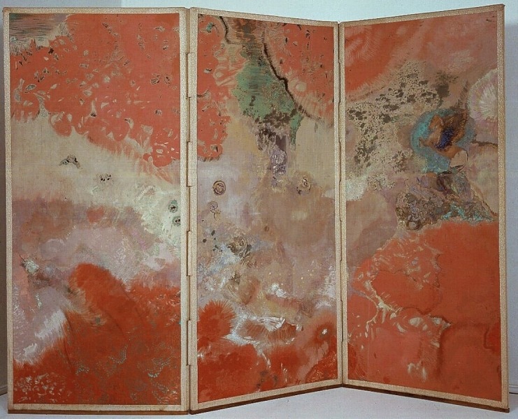 trulyvincent:Le paravent rouge avec Pégase (Red Screen with Pegasus)Odilon Redon 1906-1908