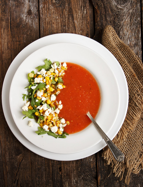 Fresh Tomato Soup with Skillet Corn and Feta“A perfect summer soup, made with fresh tomatoes, and ga