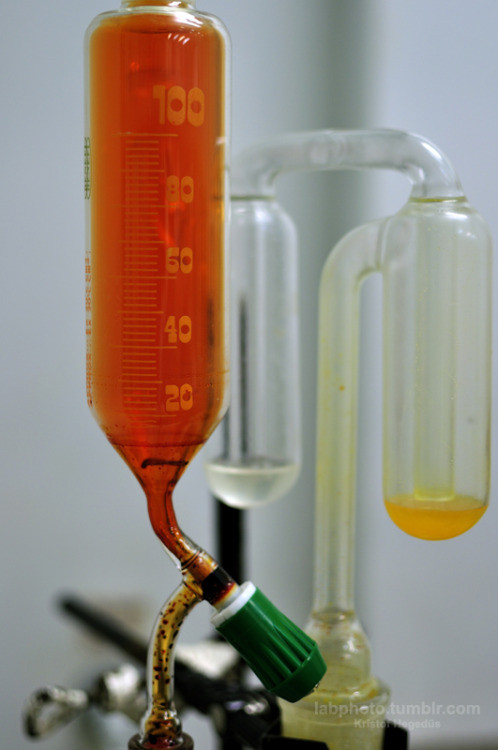 labphoto: An addition funnel after a bromination with elemental bromine. Elemental bromine besi