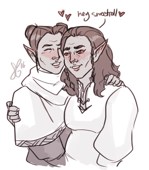 two dragonborn dorks and their favourite travelling companions :’)aeronir (tall blushy nerd) i