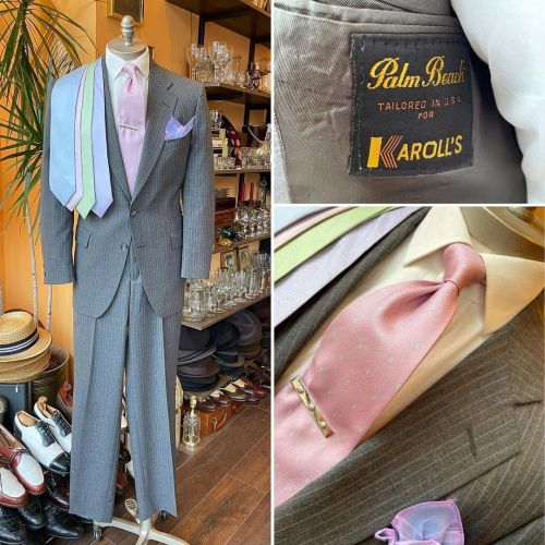 Here’s a suit perfect for a Spring groom! Lightweight fabric in gray with a subtle pink pinstr