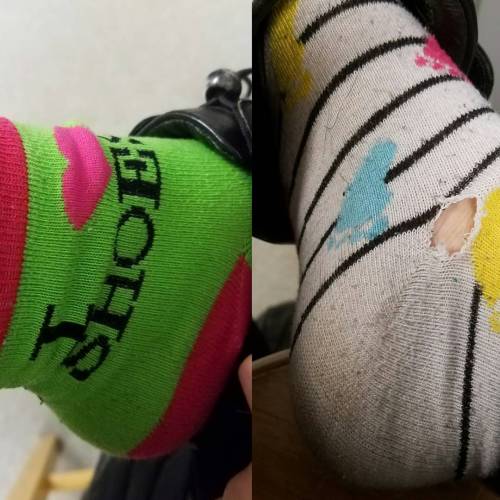 Day 1 with these mix matched pair. One sock has feet printed on them and the other shows love for sh