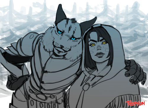 My skyrim character and Kharjo togethere :3